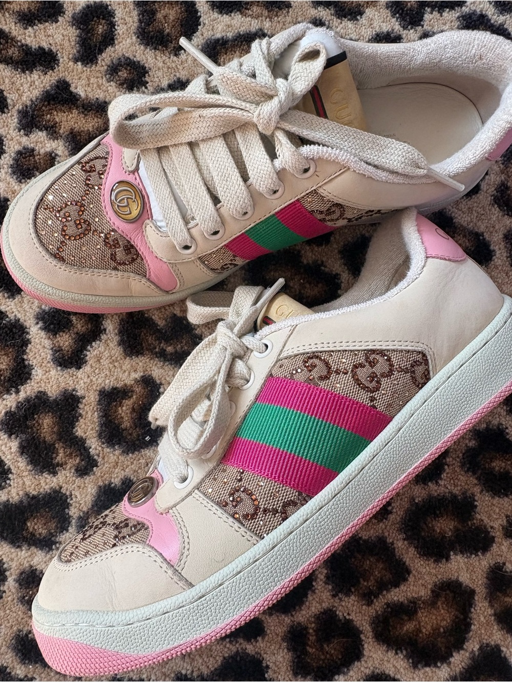 Gucci Cream Leather & GG Canvas Sneakers with Pink and Green Stripes
